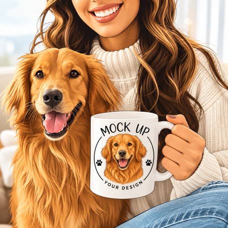 Cadeau personnalisé animaux Femme tenant un mug personnalisé avec la photo de son chien